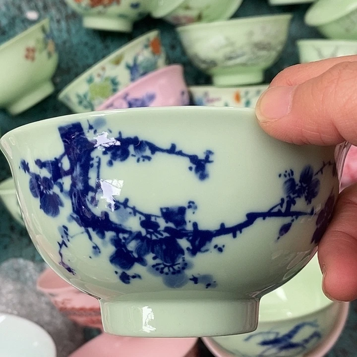 摆件陶绿稀土青花梅花五寸碗