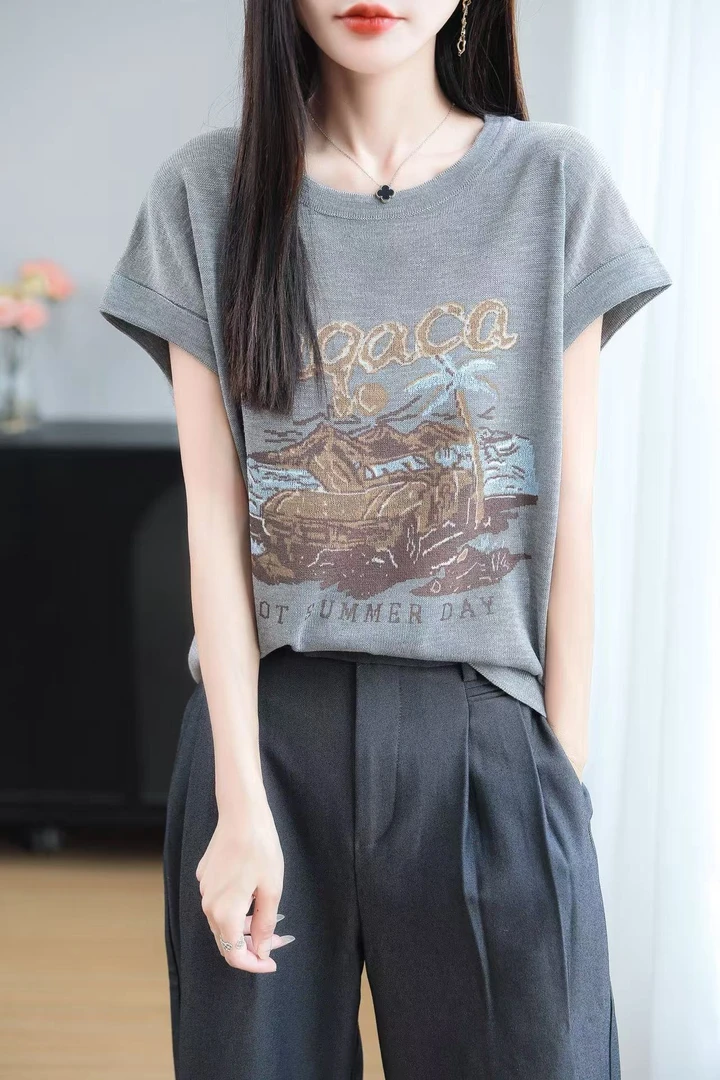 夏季气质印花宽松T恤竹节麻洋气显瘦圆领短袖544女针织-萝服