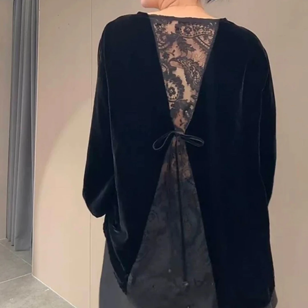 欧货气质后背拼蕾丝丝绒衫秋季新款时尚设计宽松长袖上衣大码女