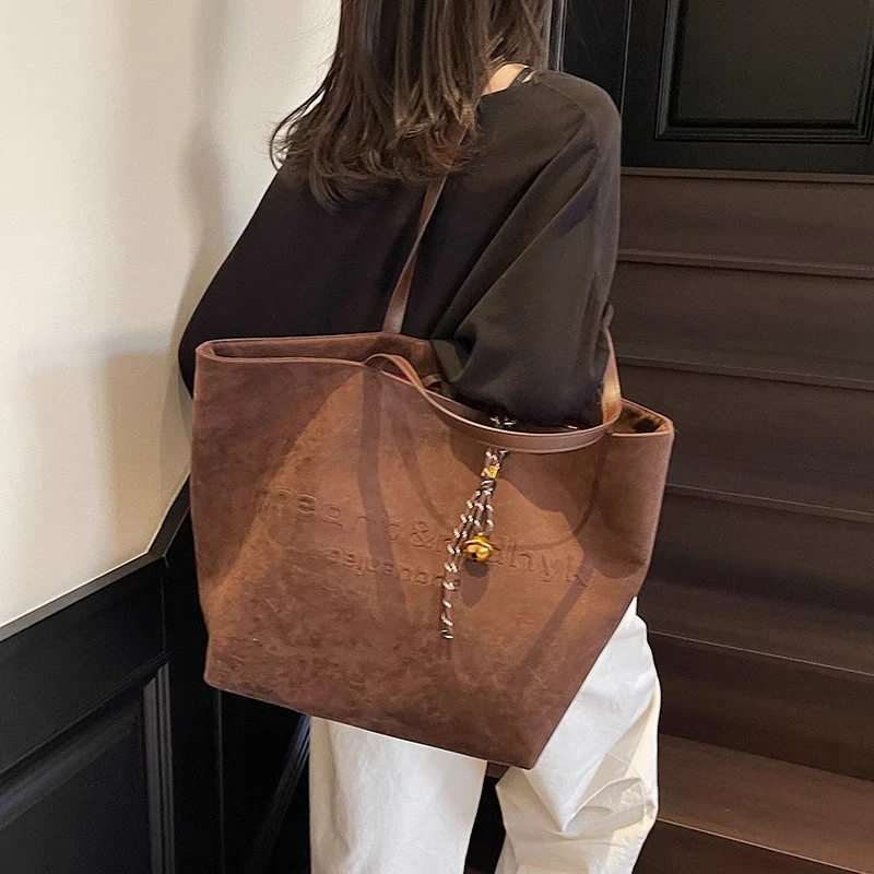 复古包包女大容量2025新款秋冬麂皮绒单肩购物袋高级感通勤托特包