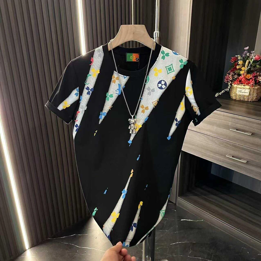 时尚甄选网红新款美式复古重磅百搭多元素字母印花青年男士短袖T