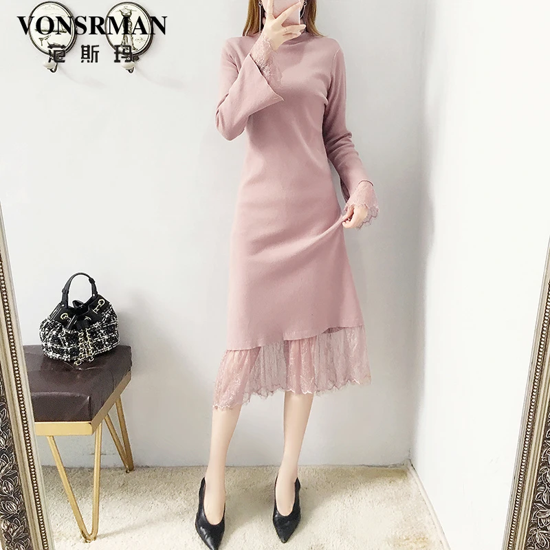 蕾丝拼接连衣裙女2025秋冬新款时尚内搭气质修身高领过膝百搭长裙