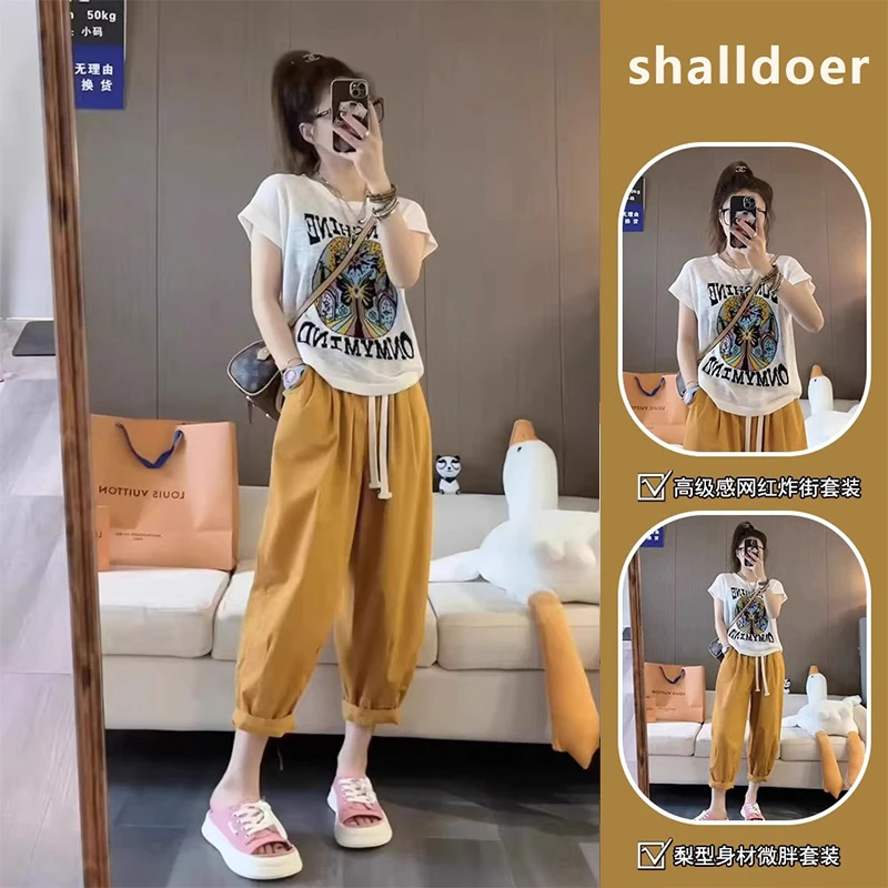 夏季穿搭一整套2025新款穿搭印花短袖时髦舒适T恤阔腿束脚裤套装
