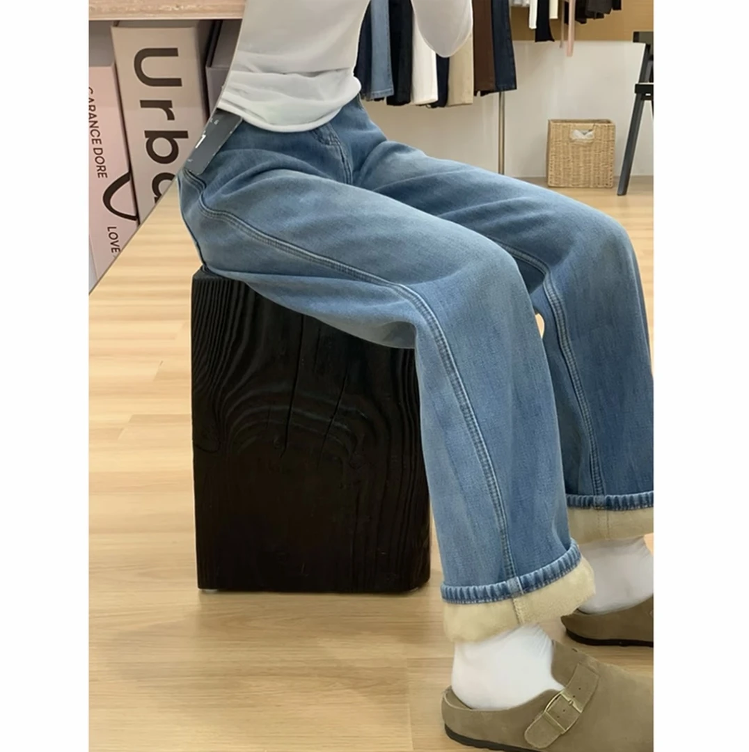 【2581-2590】秋冬窄版阔腿牛仔裤女加绒宽松高腰垂感显瘦直筒裤