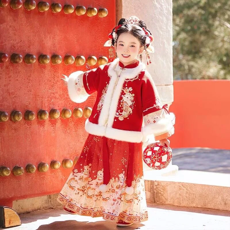 女童国风加绒加厚冬季汉服套装拜年服