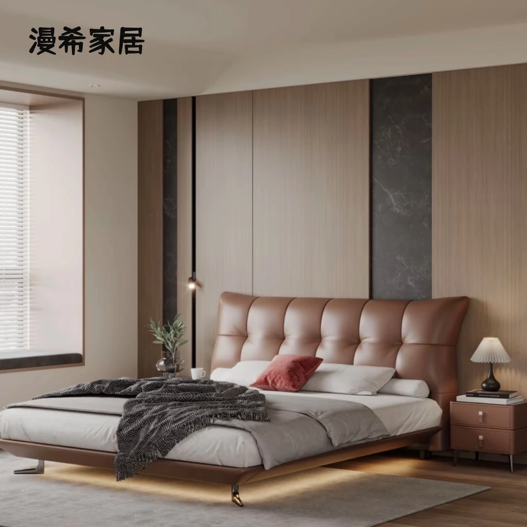 【克罗地亚】家用意式极简大气主卧真皮头层牛皮软包双人婚床悬浮床