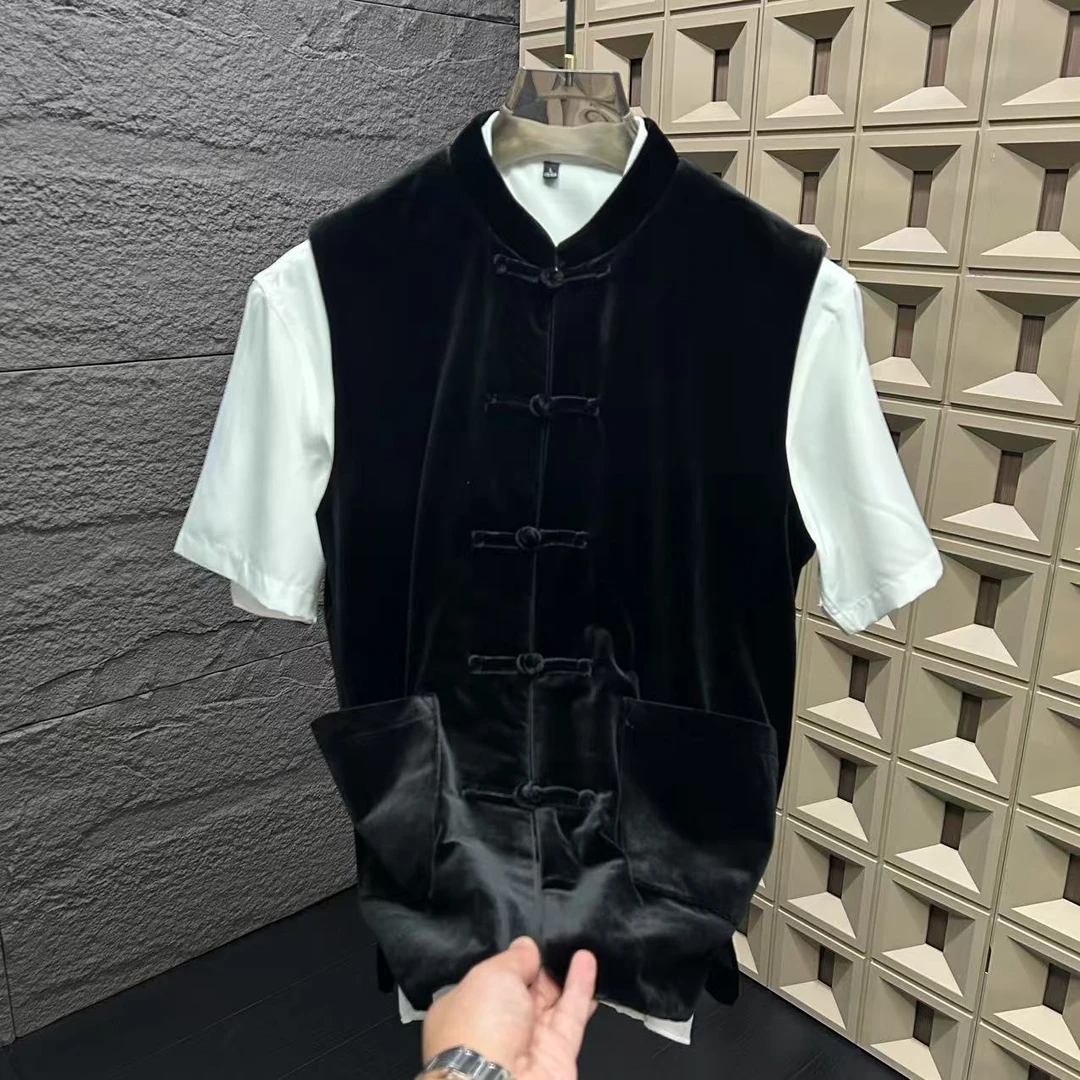 2025男士丝绒马甲轻奢盘扣设计国风唐装休闲百搭