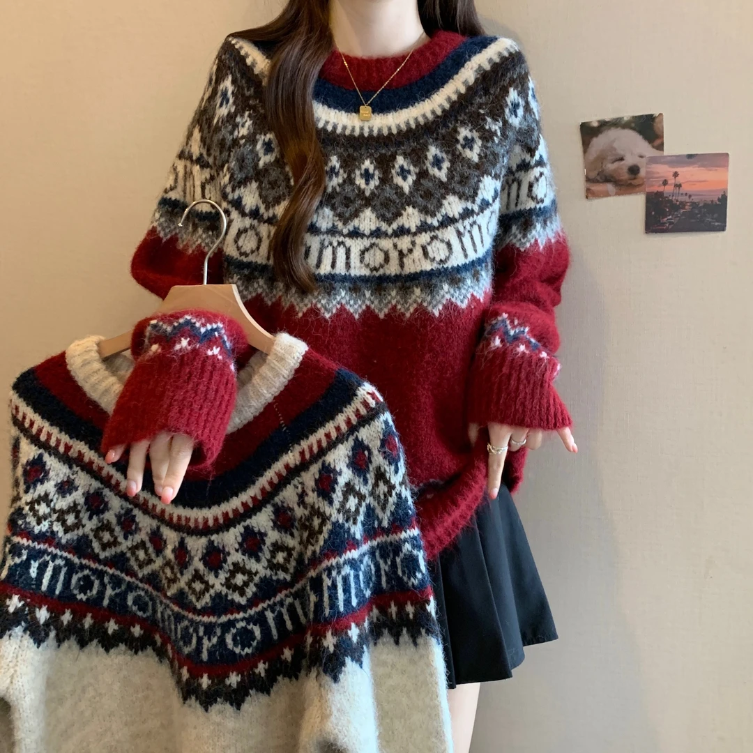 费尔岛圣诞风复古白色加厚女冬大码胖新款俏皮提花印染绣花针织套