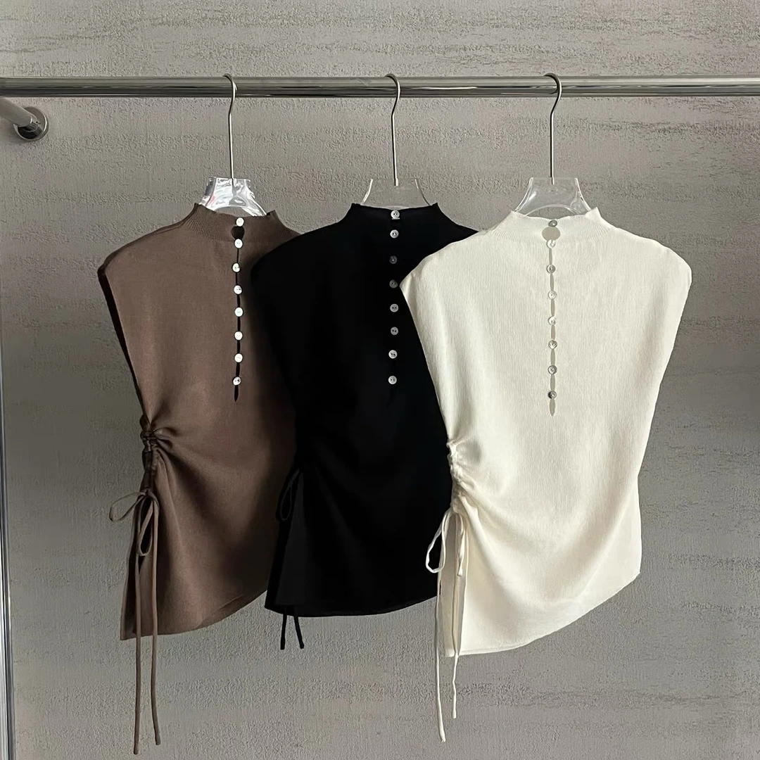 【慢慢壹店】短袖针织t恤女新款收腰抽绳不规则设计感小众上衣8128