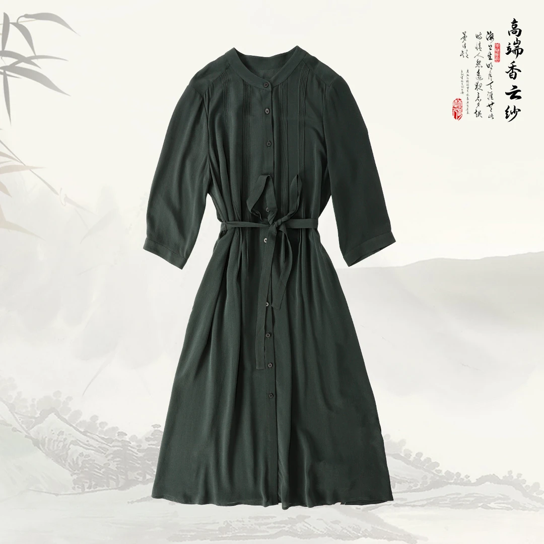 品牌新款桑蚕丝新中式纯色圆领中袖连衣裙51689
