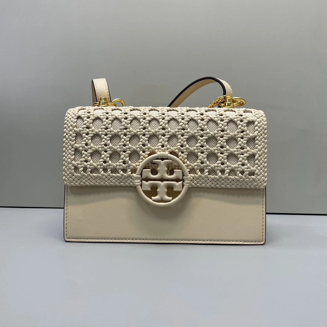 95新 TORY BURCH/汤丽柏琦 小林/米白编织风琴包23*15*9cmA090602