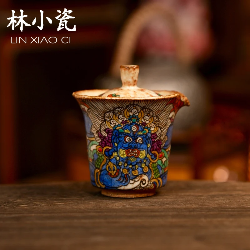 林小瓷九觉堂手绘大黑天宝瓶泡茶器匣钵志野柴烧手绘唐卡系列