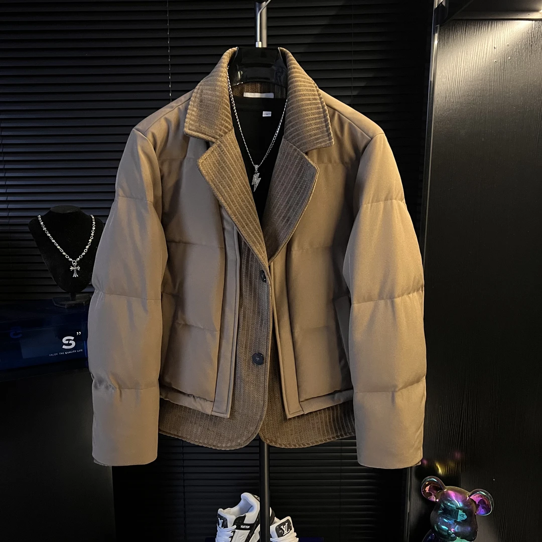 SK-25冬季假两件拼接高奢棉服男潮流翻领加厚保暖外套