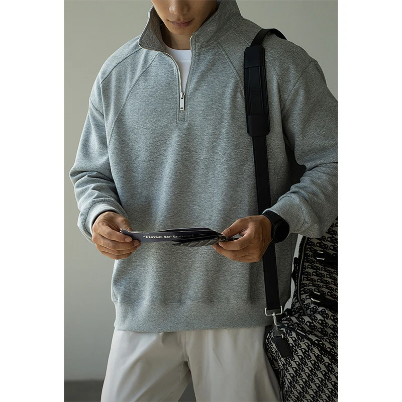 美式重磅320g空气层半拉链立领卫衣男士秋冬厚款保暖套头长袖T恤