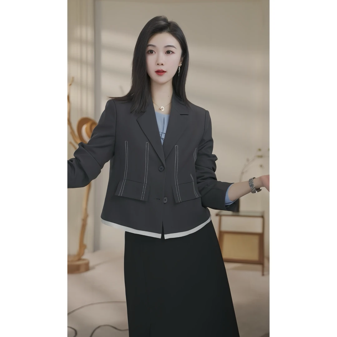 【杨杨甄选】曼贝8451020深灰色西装女宽松气质时尚休闲通勤外套