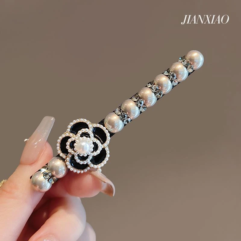 复古小香风高贵珍珠山茶花鸭嘴夹设计感气质侧边夹前额刘海碎发夹