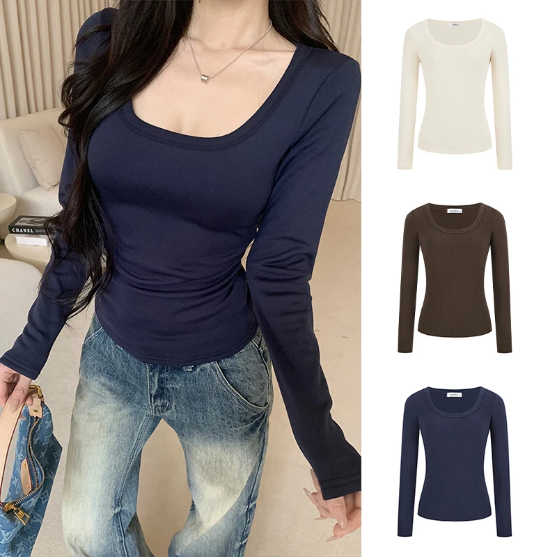 Moses Queen/魔西女王加绒加厚方领正肩长袖T恤修身显瘦打底上衣