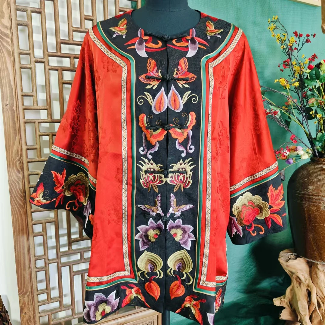 凤徕兮私人定制红底红蝴蝶花刺绣包边香香上衣 (HY101056-4)红