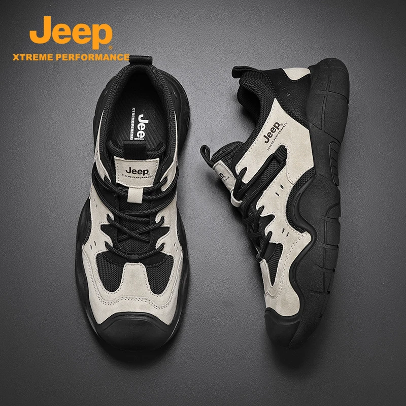 Jeep吉普男鞋2025新款户外徒步鞋网面透气厚底耐磨真皮包头登山鞋