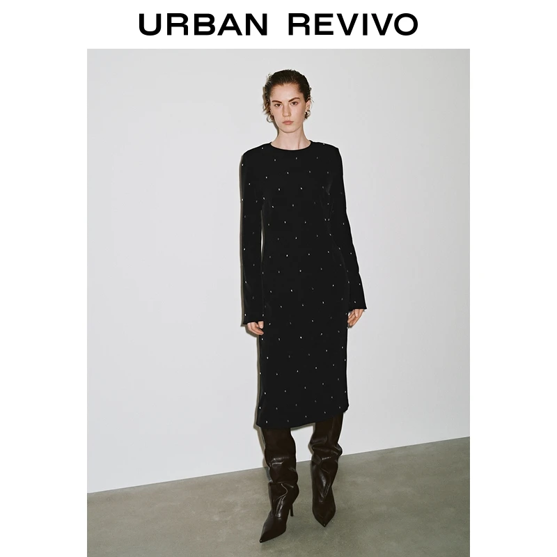 UR2025秋季新款女装气质魅力钻饰后开衩长袖连衣裙UWG750239+