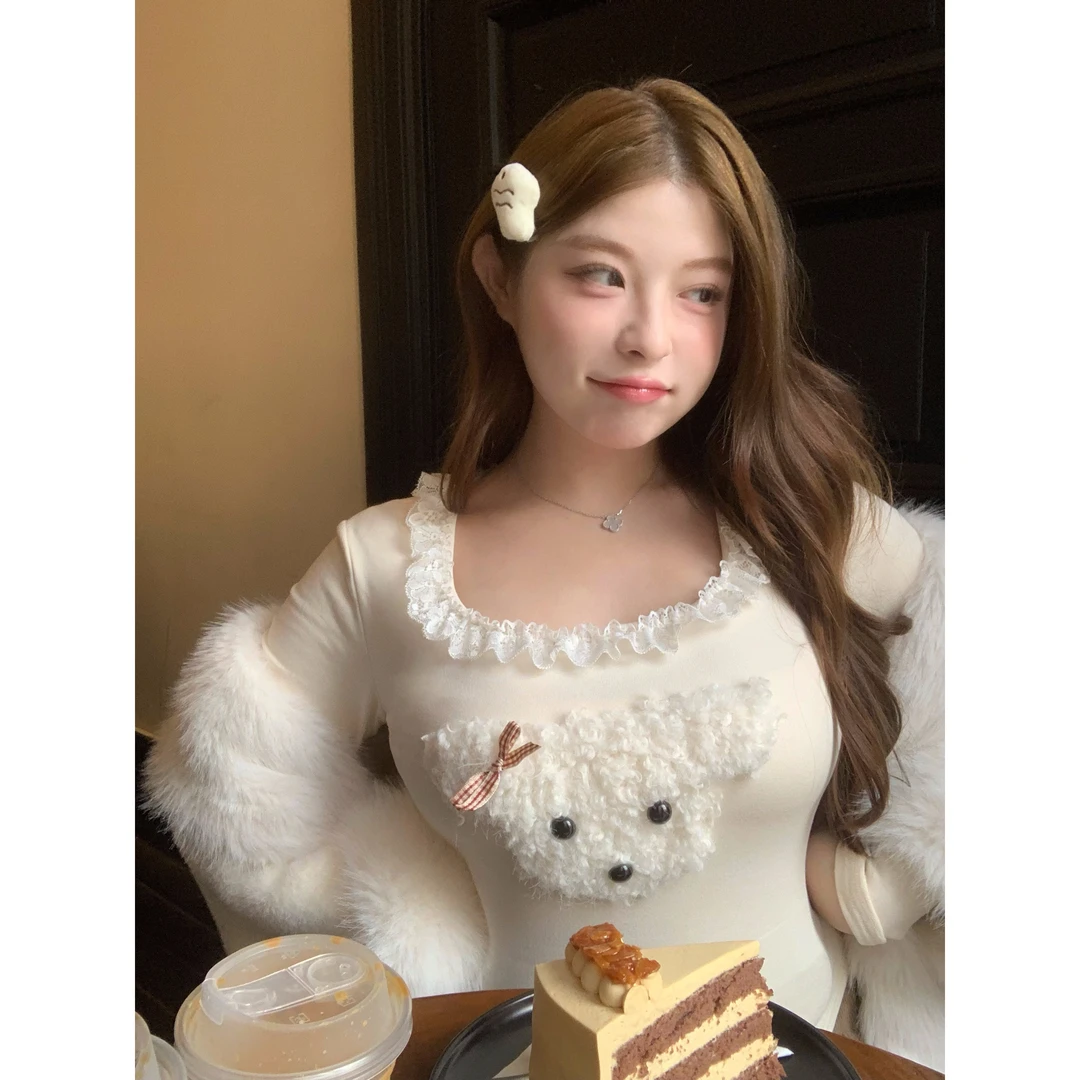 椿日栗 胖MM大码纯欲芭蕾风蕾丝花边加绒磨毛针织衫内搭收腰上衣