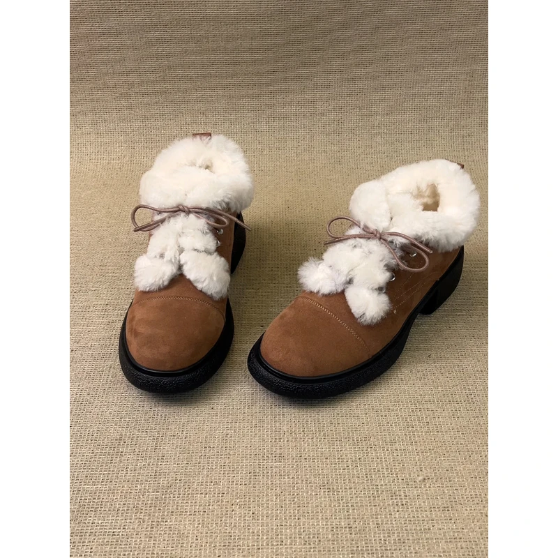 nnmiss/4cm复古风圆头磨砂系带粗跟深口单鞋毛绒拼接保暖雪地靴