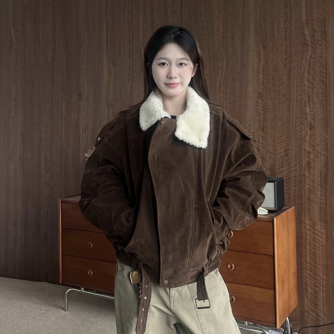 SYRI 美式复古美拉德棕色麂皮绒毛领夹克棉服冬季休闲保暖棉衣女