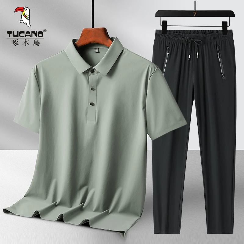 啄木鸟爸爸夏季套装冰丝运动中青年男士短袖T恤POLO衫休闲两件套