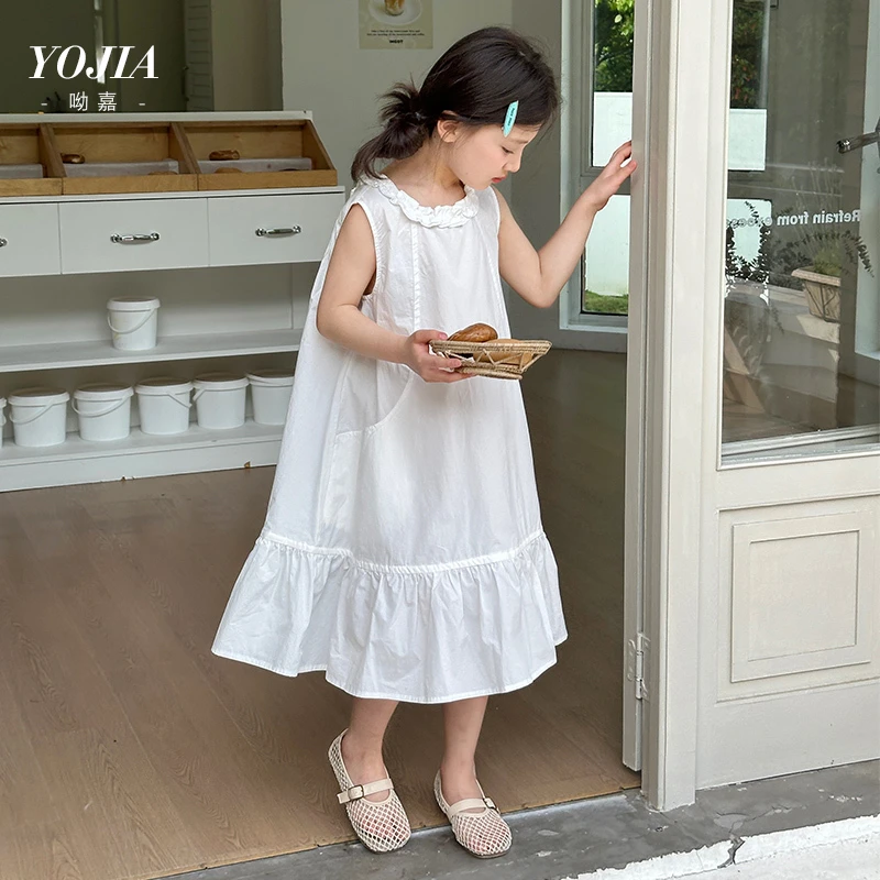 YOJIA女童裙子夏装2025新款无袖木耳边纯棉公主裙儿童连衣裙夏季