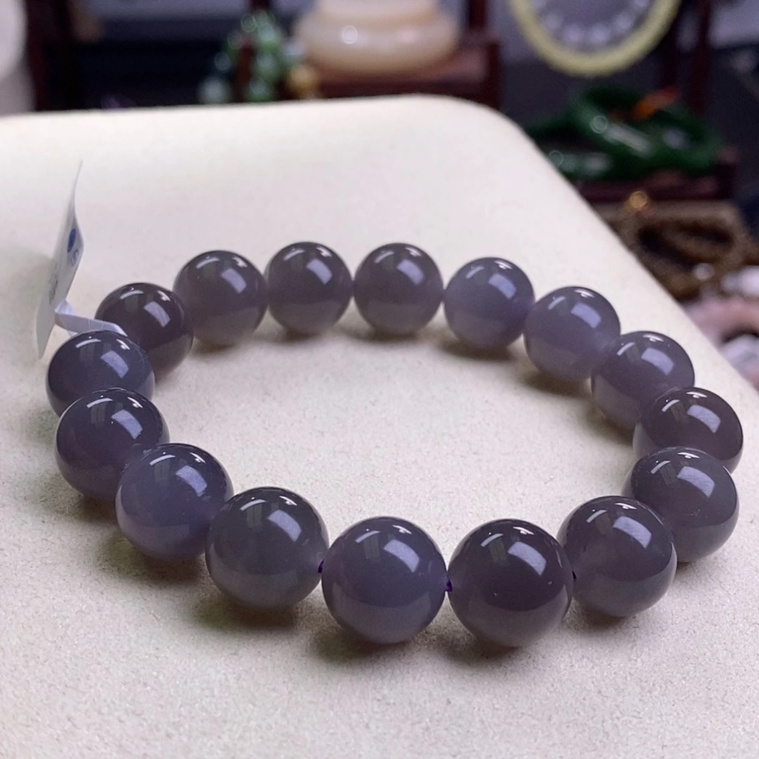 和田玉毕业级烟紫老矿料高冰葡萄紫圆珠手串12m未镶嵌浪*云