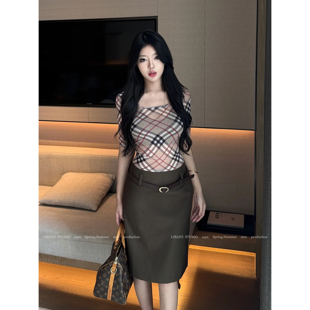 现货LIBAIYI 永远爱高智感/棕咖色西装中裙显瘦遮肉半身裙 1650