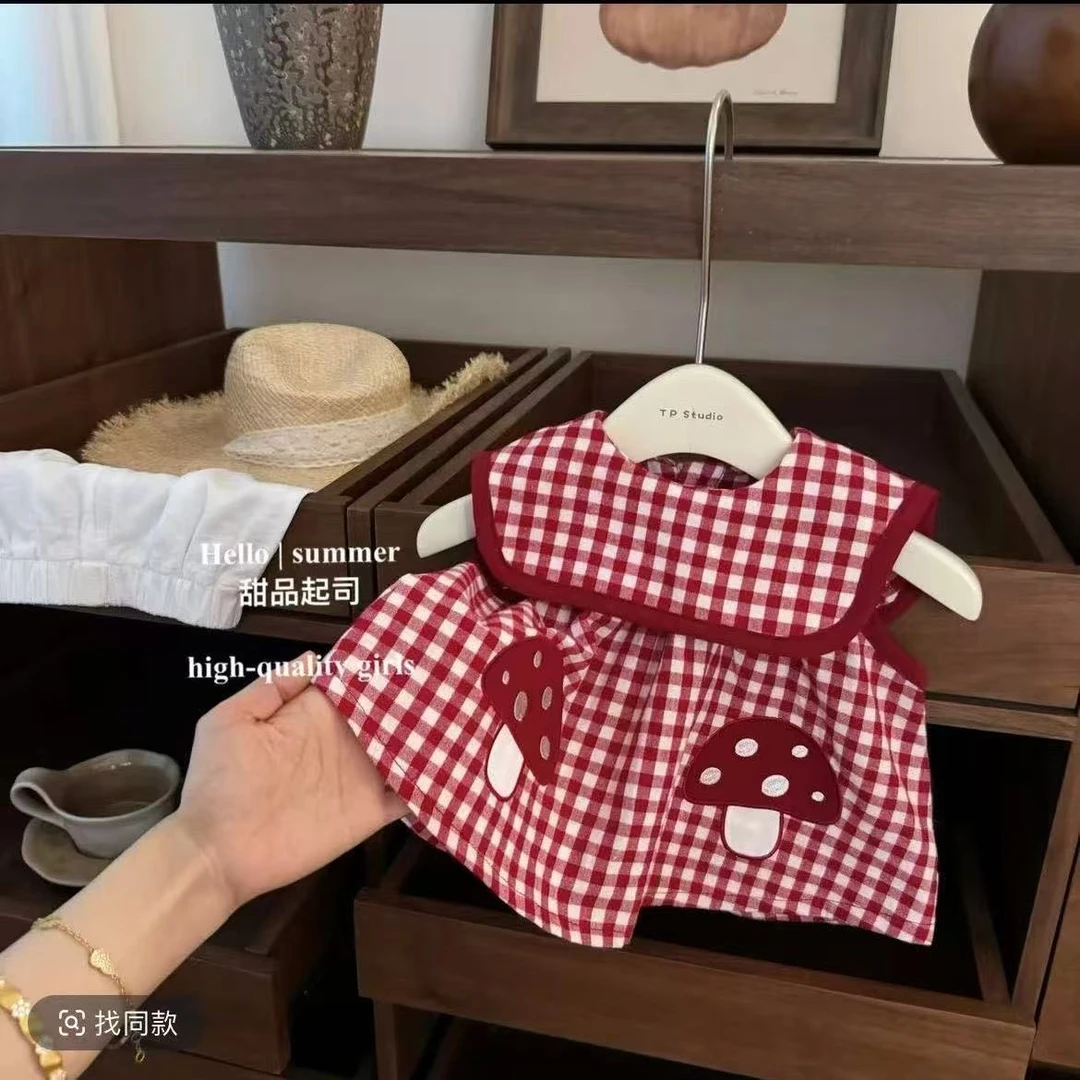 女童套装2025新款宝宝棉麻时髦套装小女孩韩版夏季蘑菇刺绣两件套