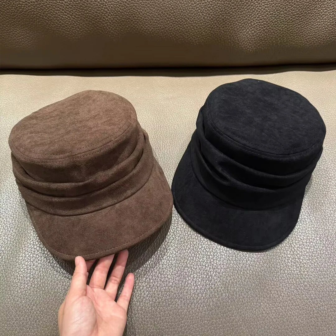 韩国麂皮绒褶皱马术平顶帽大头围纯色复古报童帽百搭显脸小鸭舌帽