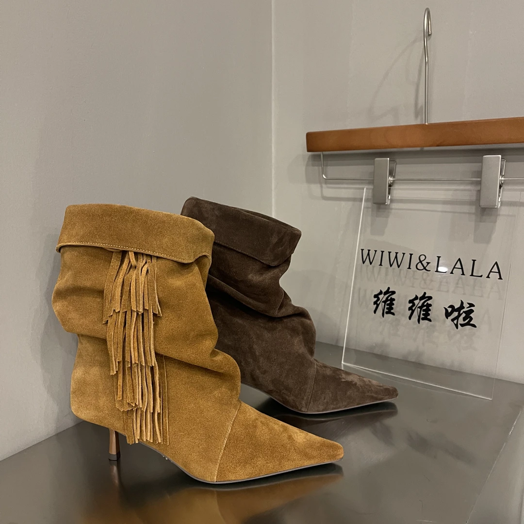 【维维啦】AW冬款牛京流苏堆褶尖头小跟鞋绒里2560302 R