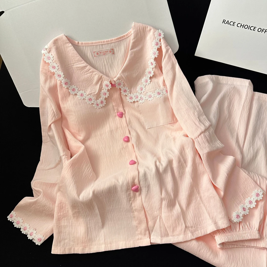 秋季纯色长袖长裤睡衣套装花边宽松带胸垫少女小个子开衫翻领学生