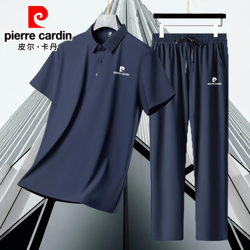 皮尔卡丹新款冰丝桑蚕丝运动套装 宽松丝滑薄款T恤男男士夏季短袖