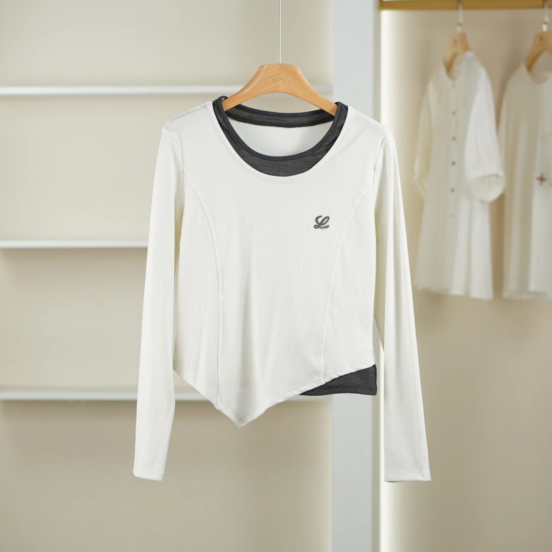 麦迪尚品【夕Y】50909466 春季时尚假两件不规则T恤上衣品牌女装