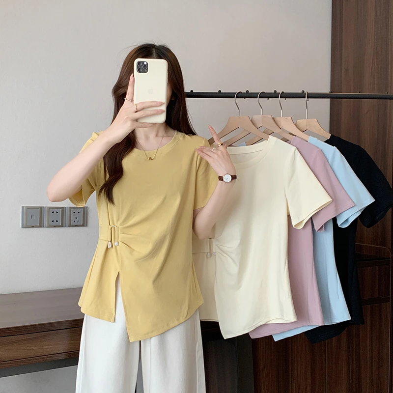 夏装新款mm大码韩系设计圆领不规则加宽加大女装短袖T恤上衣A1435