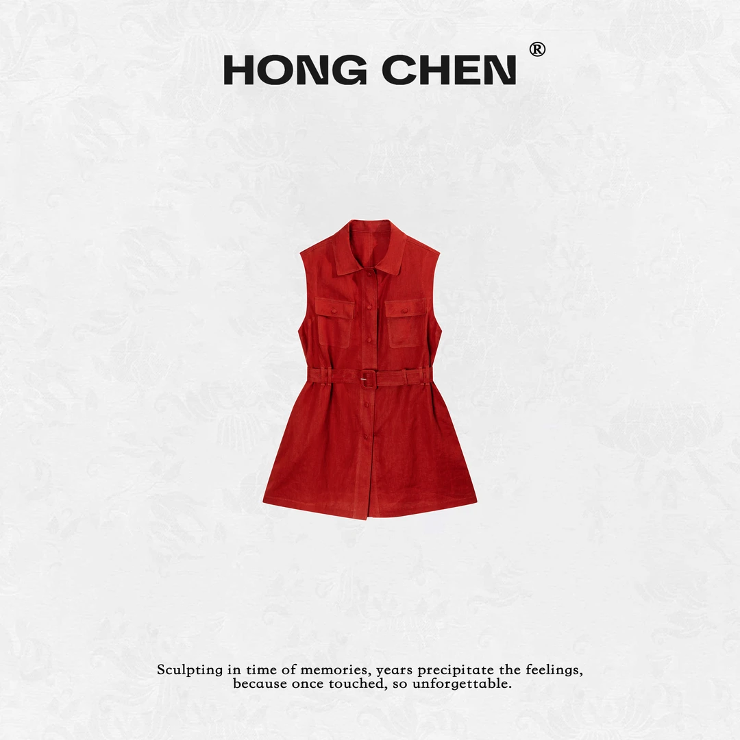 【虹辰】高端进口亚麻舒适透气复古时尚高级感红色翻领马夹HC2730