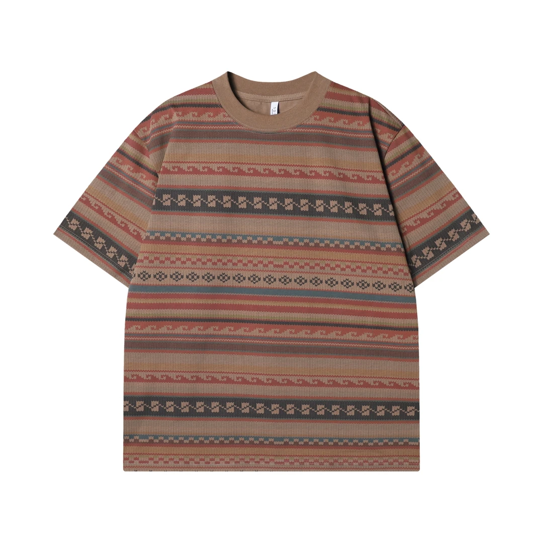 夏季高级感新款美式撞色趣味条纹圆领短袖T恤小众设计休闲上衣