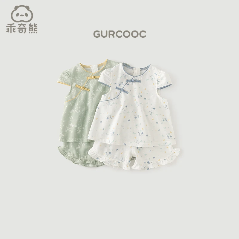 【竹纤维套装福利】女宝宝短袖短裤纱布夏季薄款婴儿中式两件套凉感