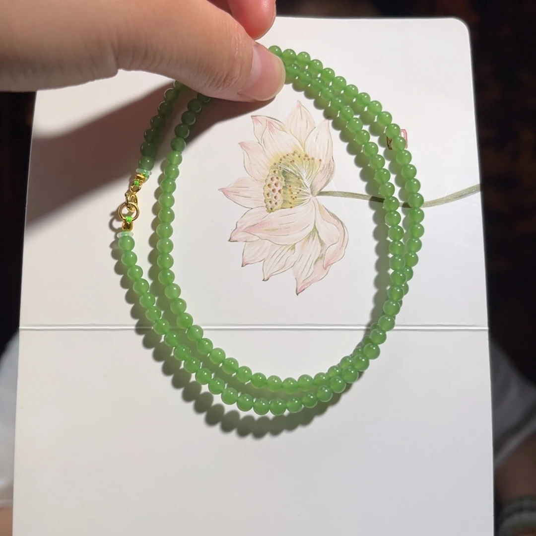 和田玉（碧玉）银S925镶嵌颈饰碧玉苹果绿4mm440