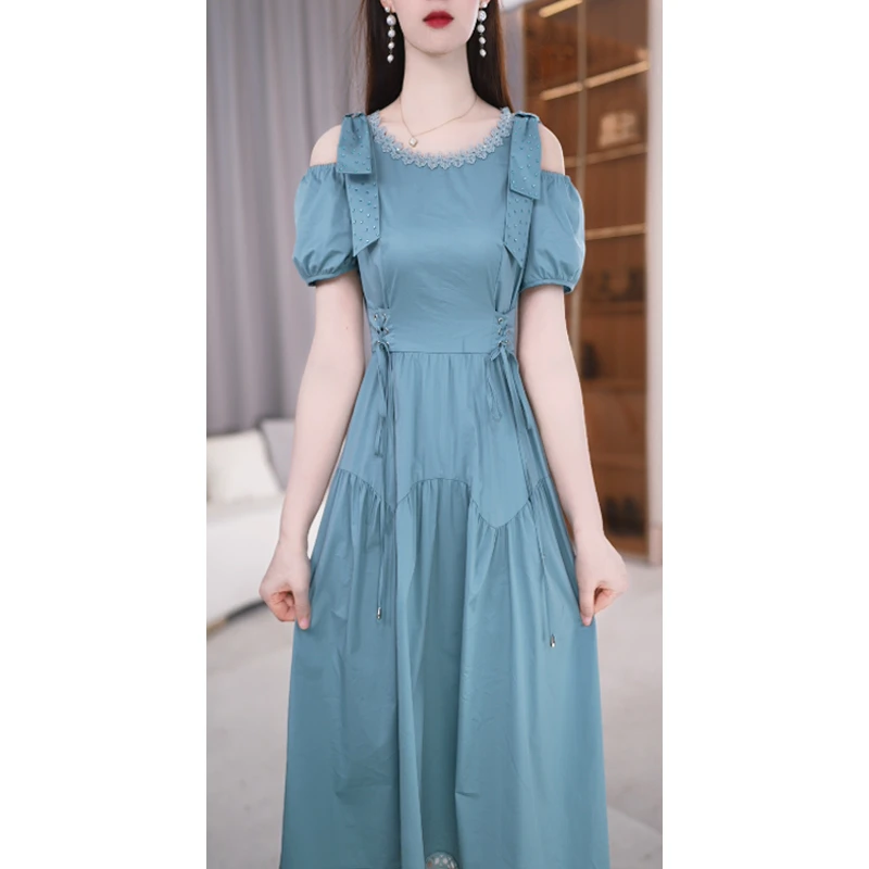 【连衣裙】夏季新款圆领花边纯色减龄修身通勤中长款连衣裙