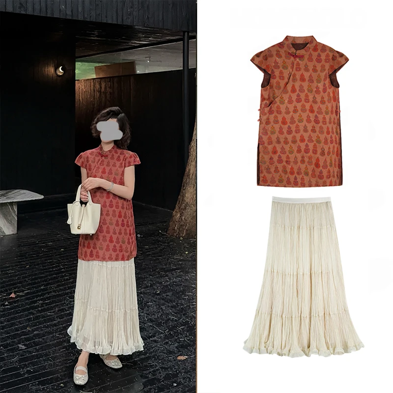 2025夏季新款新中式国风独特小众漂亮红色印花上衣半身裙两件套装