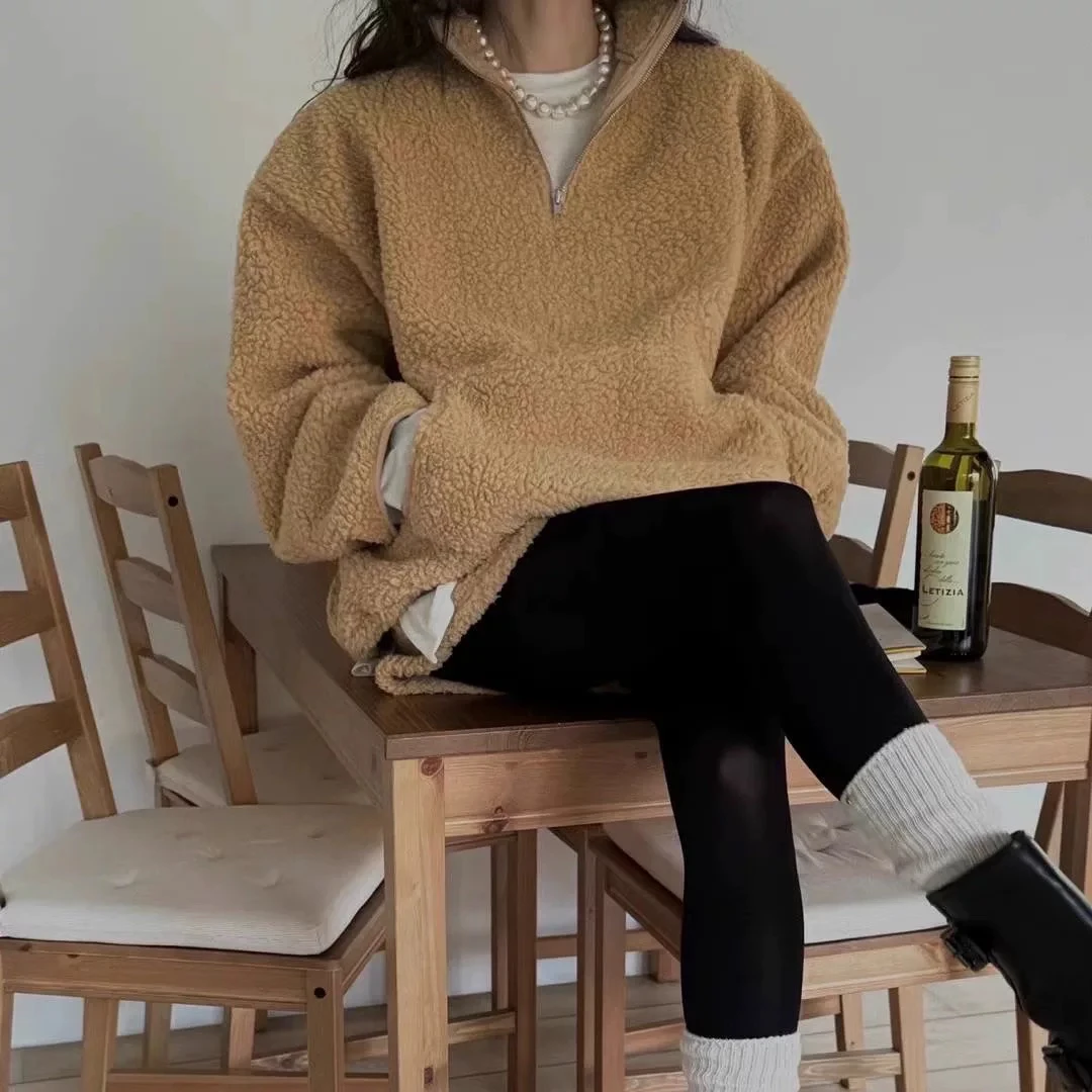 韩代高货纯色半拉链托卡圈圈7903休闲宽松卫衣女