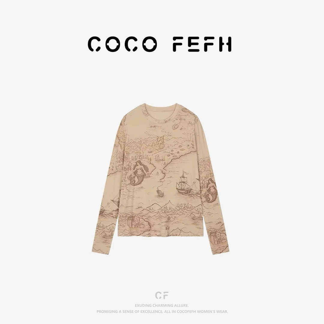 COCO FEFH【T恤】春季新款百搭圆领奇幻老地图图案长袖上衣女Z8499