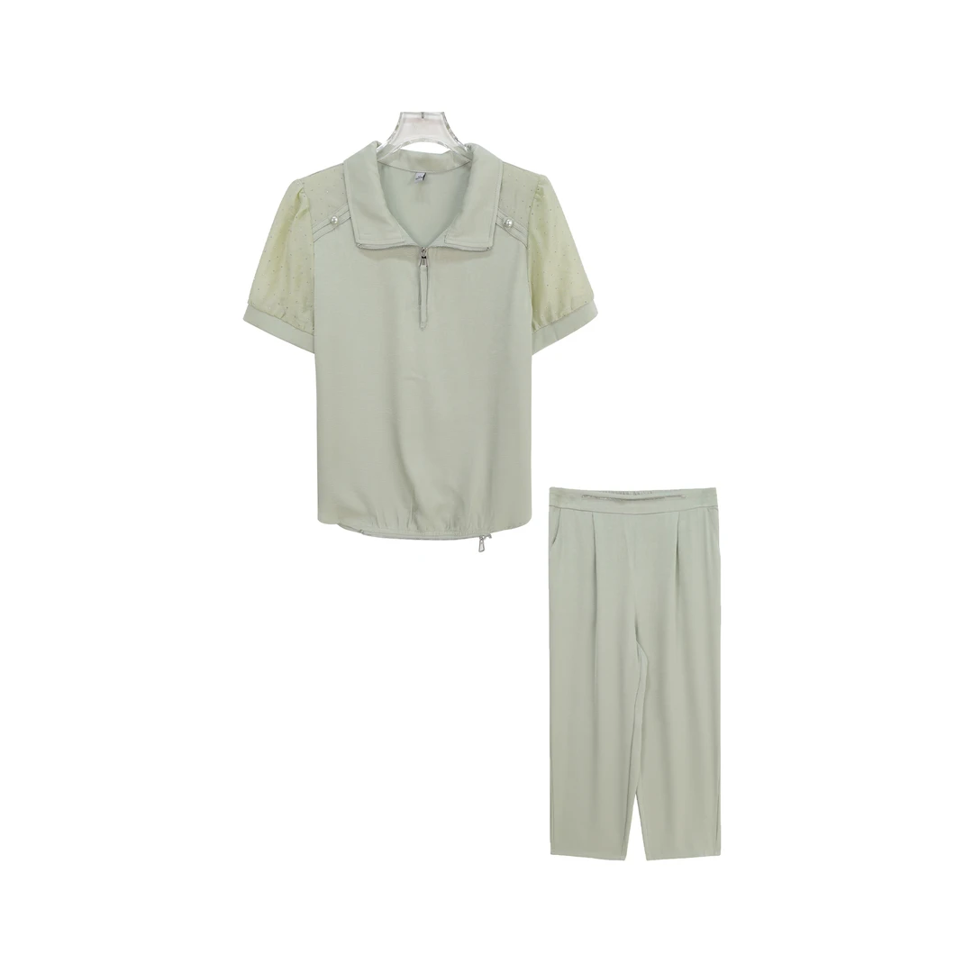 减龄气质收腰裤简约亮片T恤套装S1067