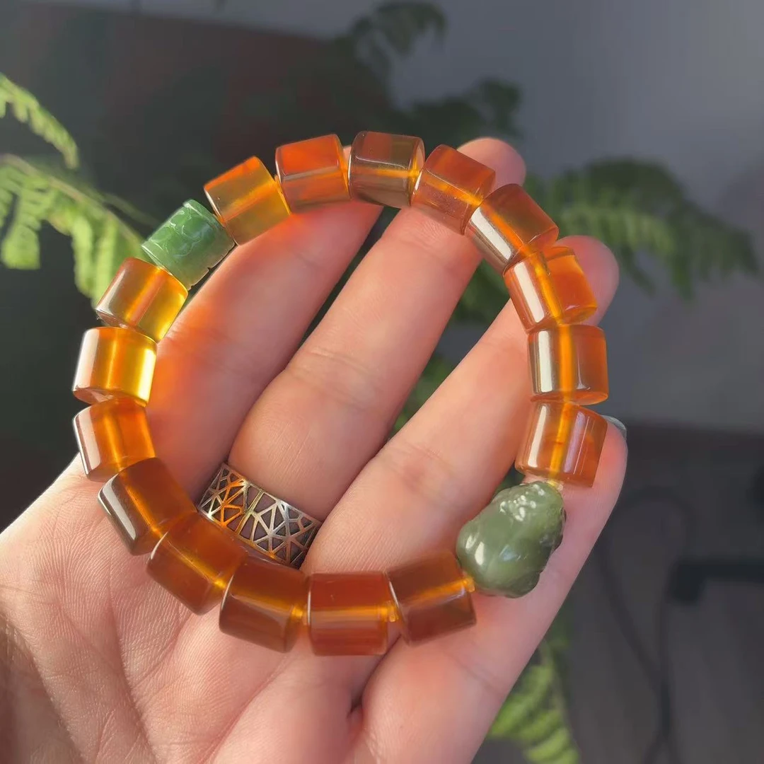缅甸天然灵草珀直切手串琥珀直切镯型手串时尚琥珀手串貔貅10*10