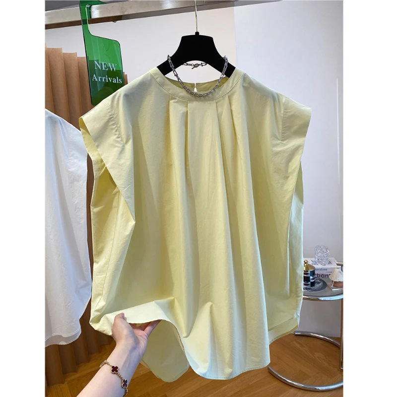 法式抽褶黄色小飞袖衬衫女2025新款宽松休闲洋气无袖小衫上衣夏季