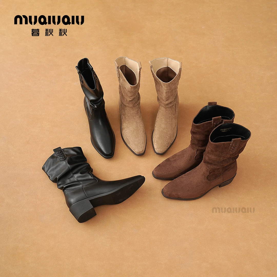 暮秋秋2025年堆堆靴秋季新款女士粗跟的牛仔靴中筒靴子女百搭短靴
